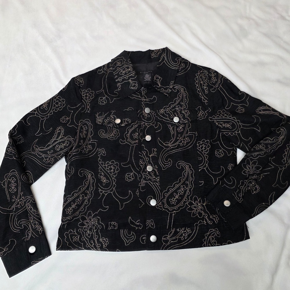 Silkland Petite Black Silk Paisley Embroidered Button‎ Front Jacket PM Medium